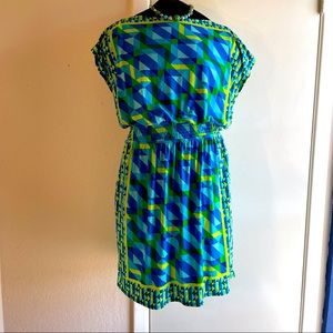 Blue and Green Geometric Print Dress